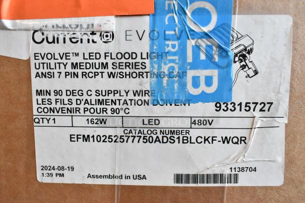 Evolve LED Flood Light, Utility Medium Series, 162W, 480V, Catalog EFM10252577750ADS1BLCKF-WQR, Assembled in USA.