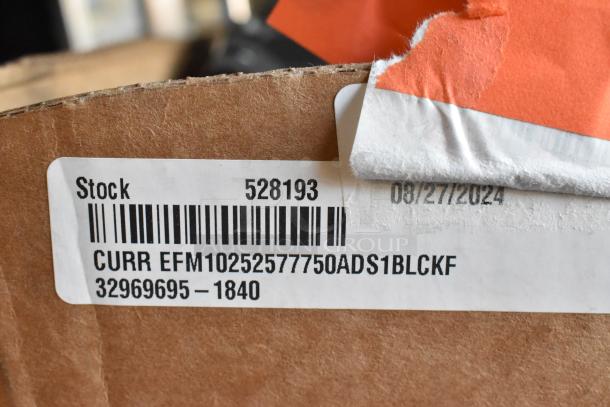 Label on cardboard box, displaying stock number 528193 and model CURR EFM10252577750ADS1BLCKF. Date 08/27/2024.
