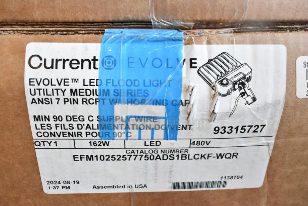 Current Evolve LED Flood Light box label, 162W, 480V, catalog number EFM10252577750ADS1BLCKF-WQR, new condition.
