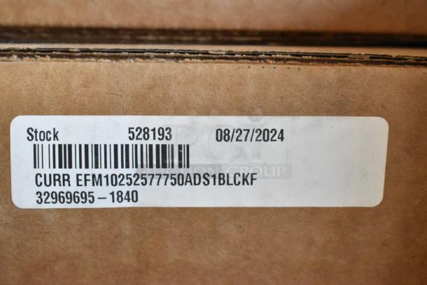 Cardboard box with a label showing stock number 528193, date 08/27/2024, and model CURR EFM10252577750ADS1BLCKF.