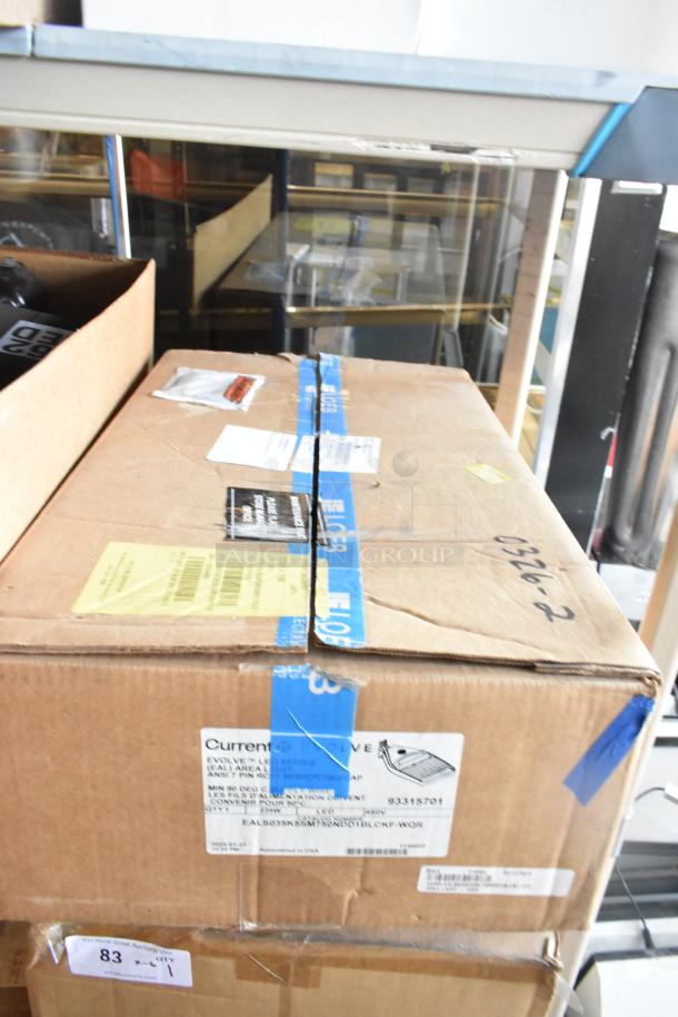 Boxes with LED flood lights and other items, sealed with blue tape. Labels indicate Current Evolve model, 3x bid offer.