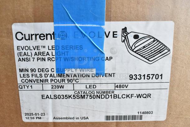 Current Evolve LED Area Light, 239W, 480V, catalog number EALS035K5SM750NDD1BLCKF-WQR, assembled in USA.
