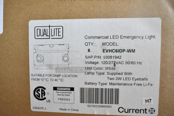 Box of 6 Dual Lite LED Emergency Lights, model EVHC6IDP-WM. White, 120/277VAC, suitable for damp locations, use by FEB/2024.