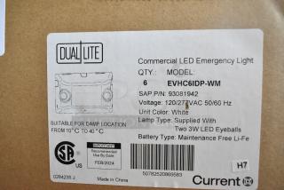 Box of 6 Dual Lite LED Emergency Lights, model EVHC6IDP-WM. White, 120/277VAC, suitable for damp locations, use by FEB/2024.
