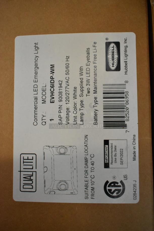 Box of 6 Dual Lite LED Emergency Lights, model EVHC6IDP-WM, brand new with minor scratches, 120/277VAC, maintenance-free Li-Fe battery.