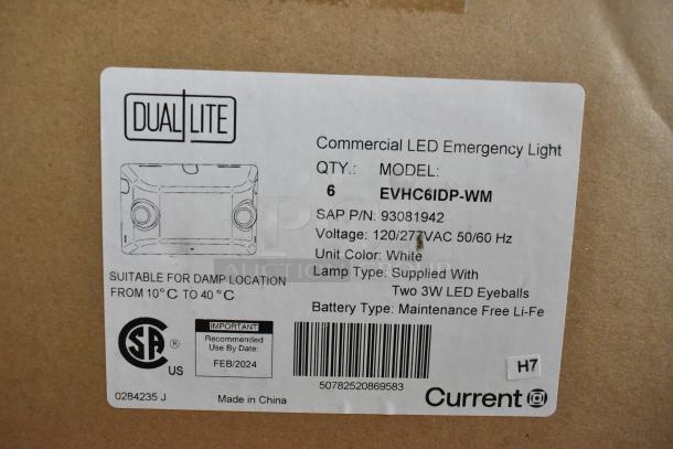 Box of 6 Dual Lite EVHC6IDP-WM LED emergency lights, new scratch and dent. Suitable for damp locations, white.