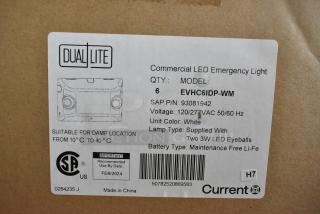 Box of 6 Dual Lite EVHC6IDP-WM LED emergency lights, new scratch and dent. Suitable for damp locations, white.