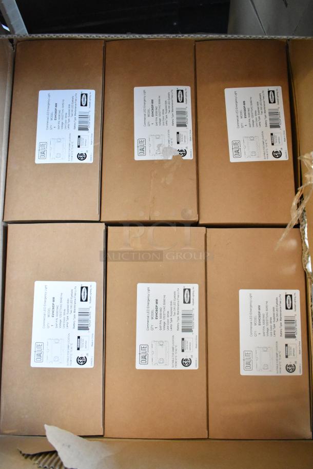 Box of 6 Dual Lite EVHC6IDP-WM LED emergency lights, brand new, scratch and dent, labeled with model and specifications.