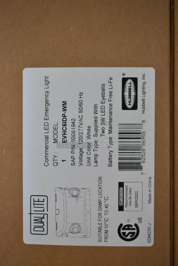Box of 6 Dual Lite EVHC6IDP-WM LED Emergency Lights, new scratch and dent, white, 120/277VAC, maintenance-free Li-Fe battery.