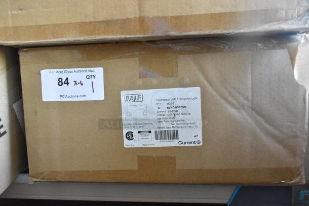 Box of 6 Dual Lite EVHC6IDP-WM LED Emergency Lights, brand new scratch and dent, label shows model and specs.