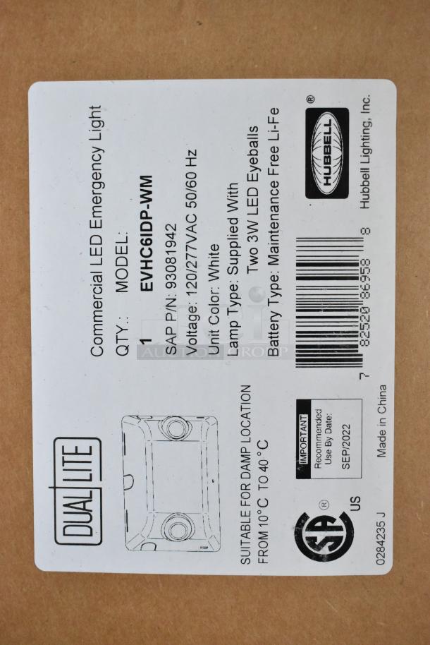 Box of 6 Dual Lite EVHC6IDP-WM LED Emergency Lights, brand new with minor scratches. Model: EVHC6IDP-WM, white, suitable for damp locations, 120/277VAC.