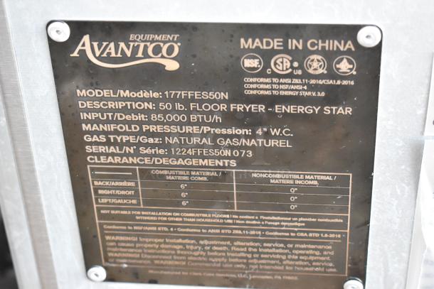 Avantco 177FFES50N stainless steel fryer tag, 85,000 BTU, natural gas, Energy Star, model number and clearance details.