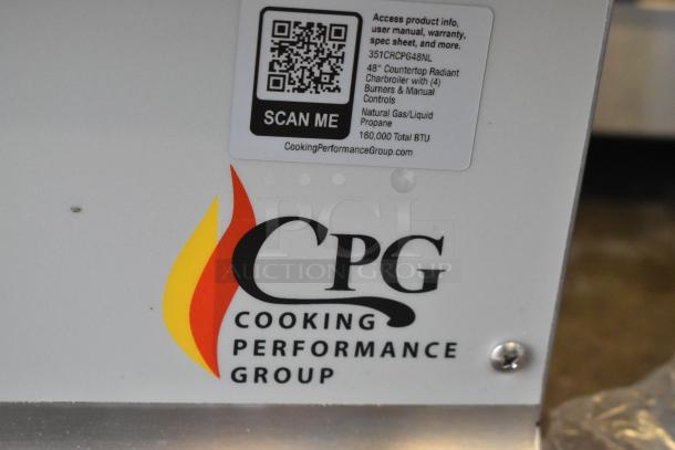 BRAND NEW CPG 351CRCPG48NL Charbroiler, stainless steel, 160,000 BTU, natural gas, QR code for product info visible.