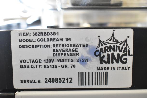 Brand new Carnival King COLDREAM 1M refrigerated beverage dispenser, single 3-gallon bowl, 115V, 1 phase, model 382RBD3G1.