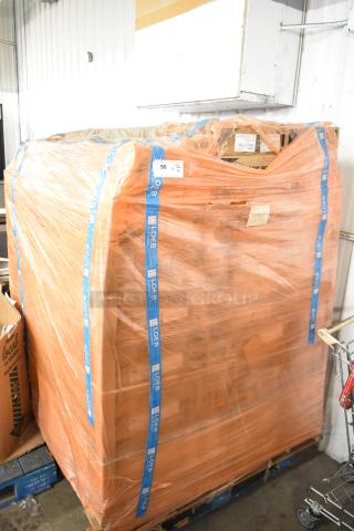 Pallet with 50 miscellaneous items, including Lithonia Lighting I Beam LED fixtures, wrapped in plastic. Tags indicate item count.