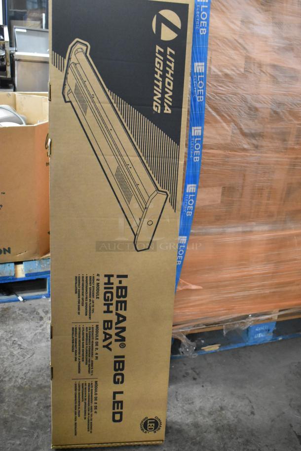 Cardboard box showing Lithonia Lighting I-Beam IBG LED high bay light fixture. New condition with packaging intact.