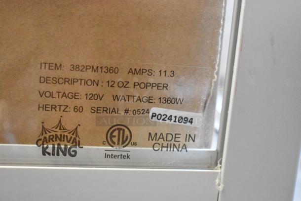 Carnival King 382PM1360 12 oz. commercial popcorn machine, new scratch and dent, 120V, 1360W, serial #0524, made in China.