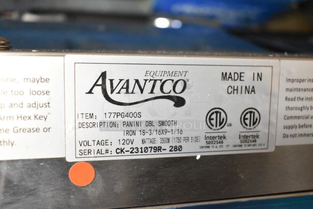 Avantco 177PG400S stainless steel dual panini grill, smooth plates, 120V, brand new, scratch and dent, serial CK-231079R-280.