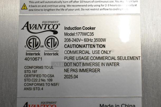Alt text: "Avantco 177IWC35 induction range label, commercial use, 208-240V, 60Hz, 3500W, ETL certified, for sale as scratch and dent."