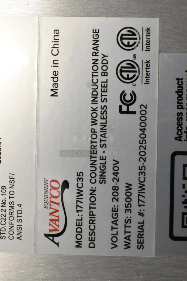 Avantco 177IWC35 stainless steel commercial countertop wok induction range label, 208-240V, 3500W, made in China.