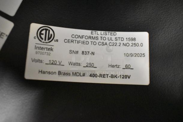 BRAND NEW Hanson Heat Lamp 400-RET-BK, black finish, 120V, 250W, retractable cord, ETL listed label visible for specs.