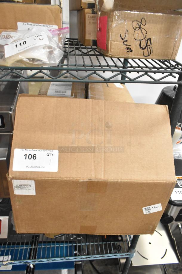 Box labeled "106" containing Cadco PCG-10C 21"x12" electric countertop griddle, new with cosmetic scratches.