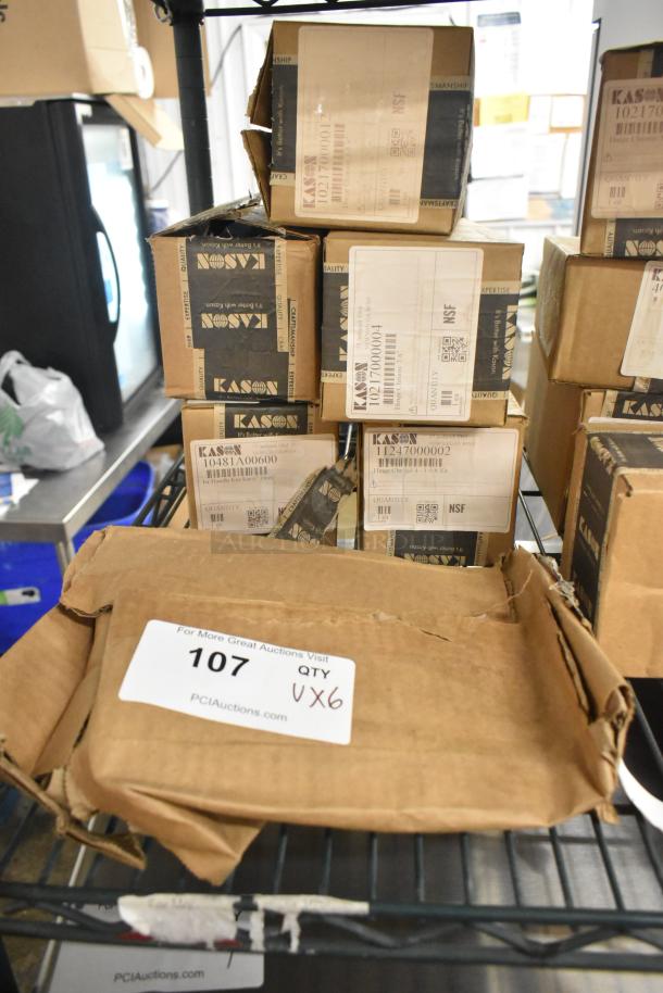 Six new in box Kason items including door hinges and release handles, with original packaging and labels, scratch and dent condition.