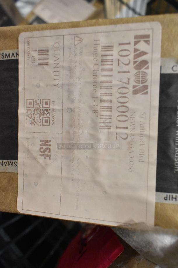 Box label for Kason hinge, 13-8", NSF certified. Part number 10217000012. New scratch and dent items included.