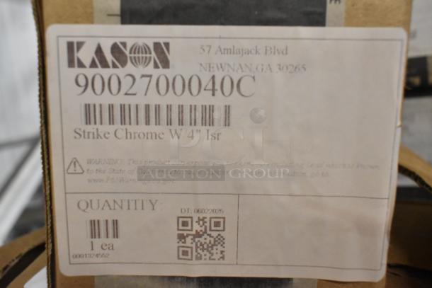 Kason label on package for strike chrome item, model 9002700040C, quantity 1. Includes warning about exposure risks.