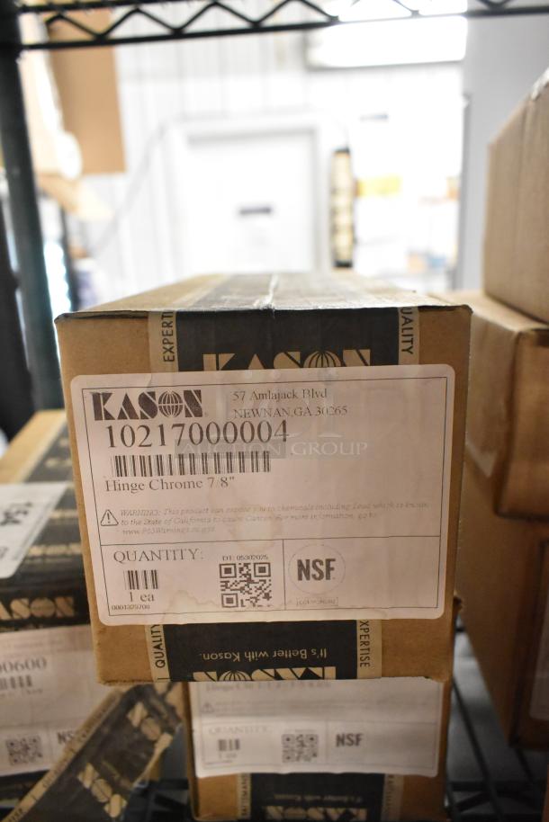 Box of new Kason items, visible label reads "Hinge Chrome 7/8," NSF certified, Newnan, GA address. Scratch and dent condition.