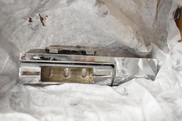 Chrome Kason door hinge in packaging, brand new, scratch and dent condition. Reflective finish, no visible labels.