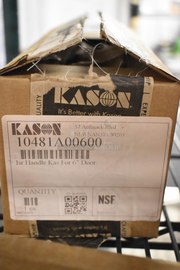 Cardboard box with Kason branding, labeled "Handle Kas For 6'' Door", containing new but scratched items, including a Kason hinge.