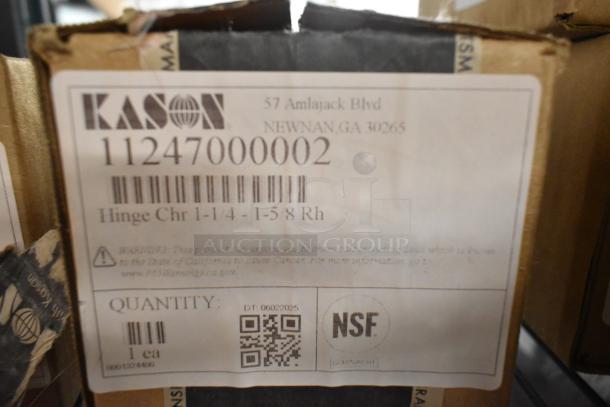 Box of Kason door hardware with visible label. Includes hinge, release handle, NSF certification, and model details.