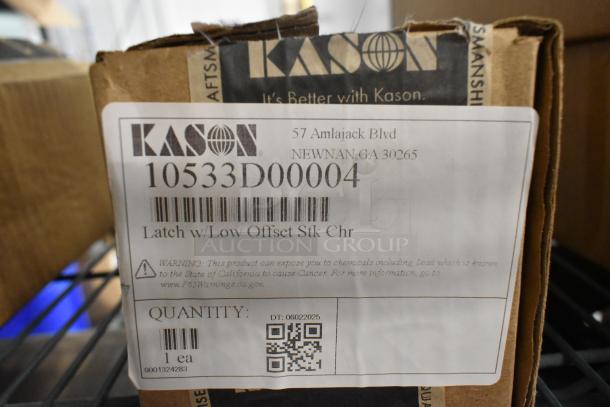 Kason box label shows model 10533D00004, "Latch w/Low Offset Stk Chr," located at 57 Amlajack Blvd, Newnan, GA 30265.