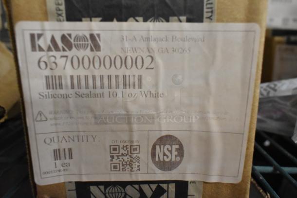 Kason silicone sealant box, NSF marked, labeled 10.1 oz white. Part of lot including caulk, door handle, hex foot insert.