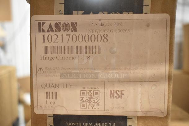 Kason box label showing an item code for a chrome hinge, address, and NSF certification.
