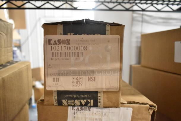 Box labeled "Kason Hinge Chrome 1-1/8" with barcode and NSF marking, slightly worn but unopened. Item 10217000008.
