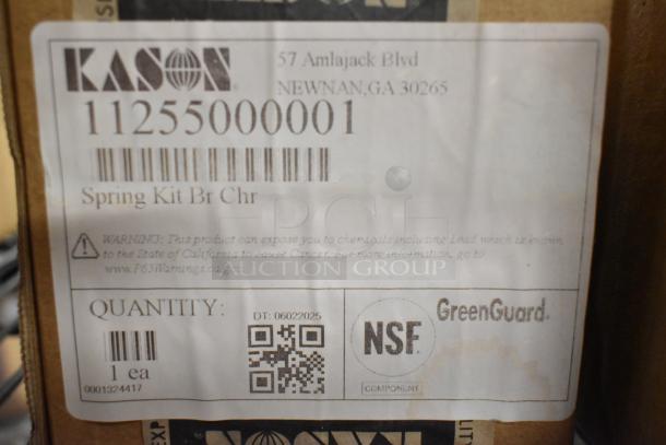 Label showing Kason Spring Kit Br Chr, NSF, GreenGuard logos, and warning text for California. Quantity: 1 ea.