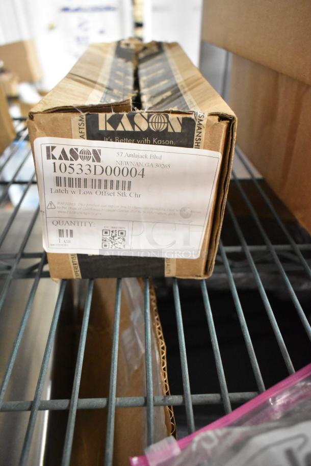 Kason box labeled "Latch w/Low Offset Stk Chr," slightly damaged. Brand new condition with barcode and warning label.