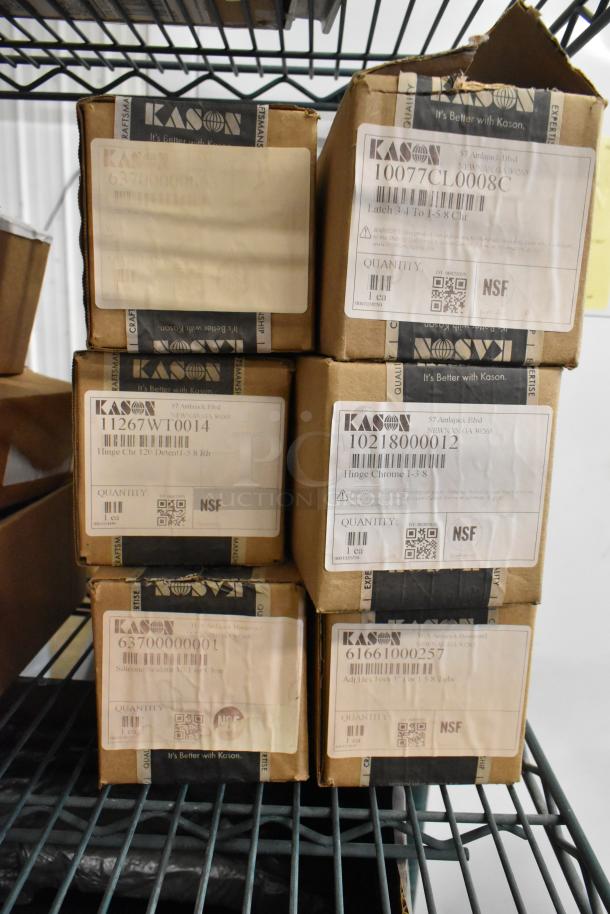 Six brand new Kason items in original boxes. Includes door handle, hex foot insert. Labels show NSF certification.