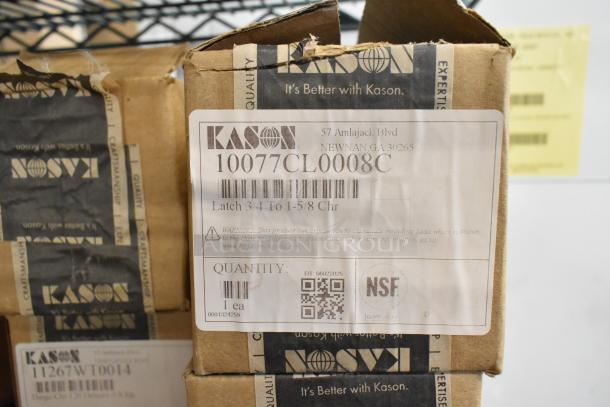 Kason box labeled "10077CL0008C Latch 3/4 To 1-5/8 Chr," NSF certified, scratch and dent condition, 6 items included.