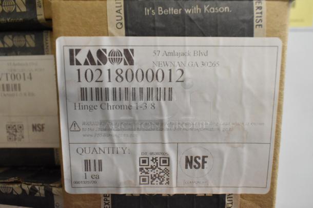 Box labeled "Kason" containing new scratch and dent items, including a Hinge Chrome 1-3/8. NSF certified. Quantity: 1 ea.