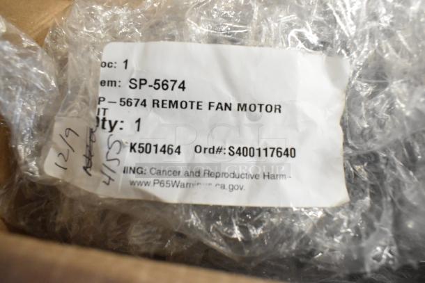 Brand new remote fan motor, model SP-5674, with minor scratches. Includes label with order info S400117640.
