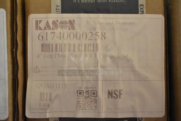 Kason box label showing a 4" leg flange foot, model 6174000258, with NSF certification and warning label.