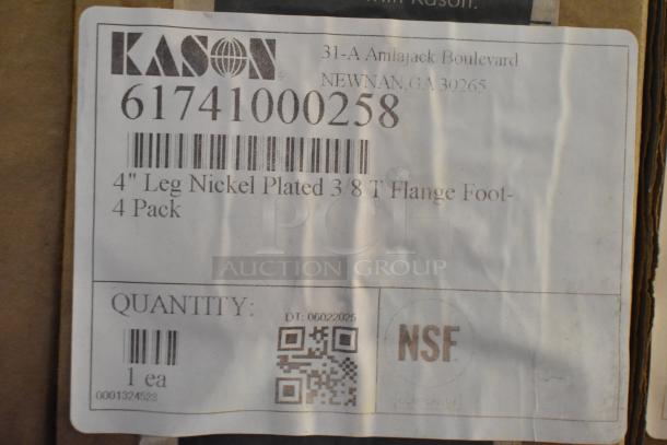 Label for Kason items showing model details, including a 4" nickel-plated leg flange foot, NSF certified, quantity 1.