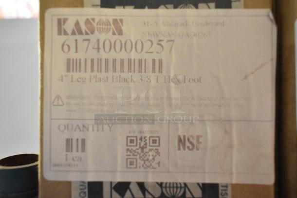 Kason brand new scratch and dent items, including 4" plastic black hex foot with NSF marking, barcode, and label.
