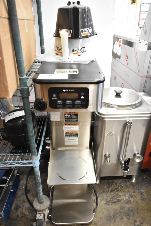 Brand new 2025 Bunn ITCB-DV coffee and tea brewer, adjustable shelf, 120V, one phase, with two poly brew baskets.