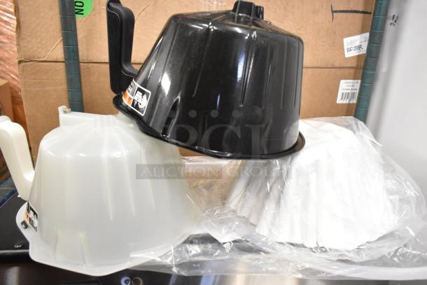 Bunn 52200.0100 ITCB-DV Infusion brewer, black and white poly brew baskets visible. Brand new, 120V, 1-phase.