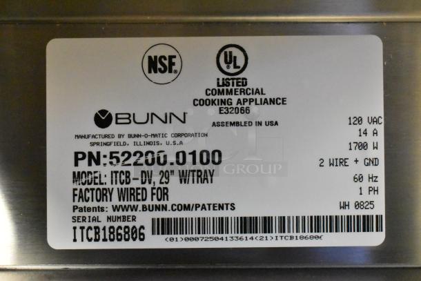 Bunn ITCB-DV coffee and tea brewer label showing model, voltage, and serial number details. NSF and UL listed.