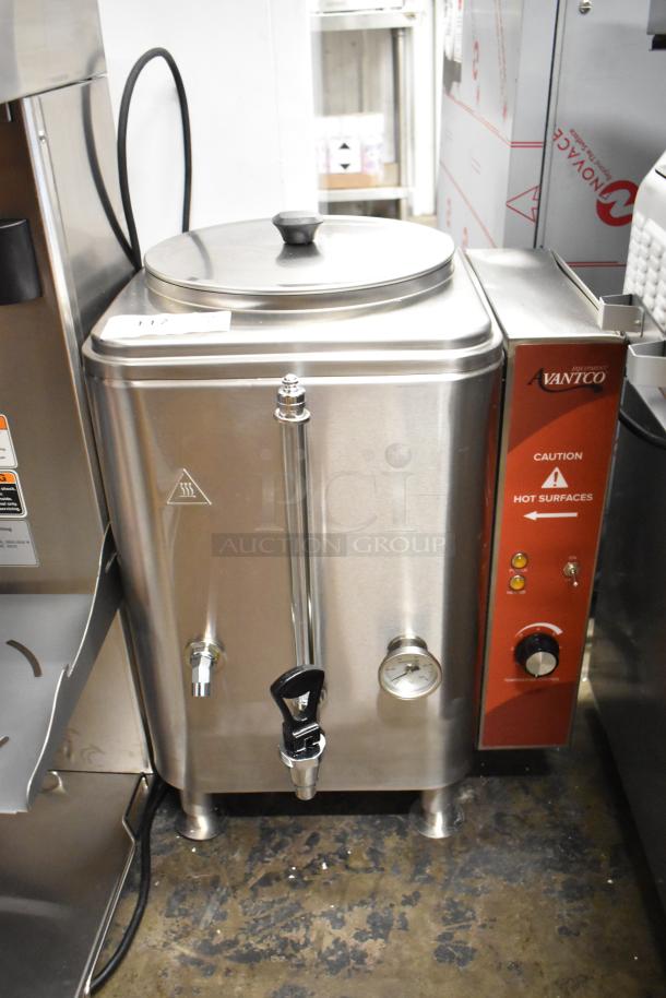 Brand new Avantco 177HWD10D stainless steel 10-gallon hot water dispenser, 208/240V, 1 phase, with caution label.